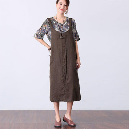 Casual Splicing Pocket Mid-calf Women Green Suspender Skirt