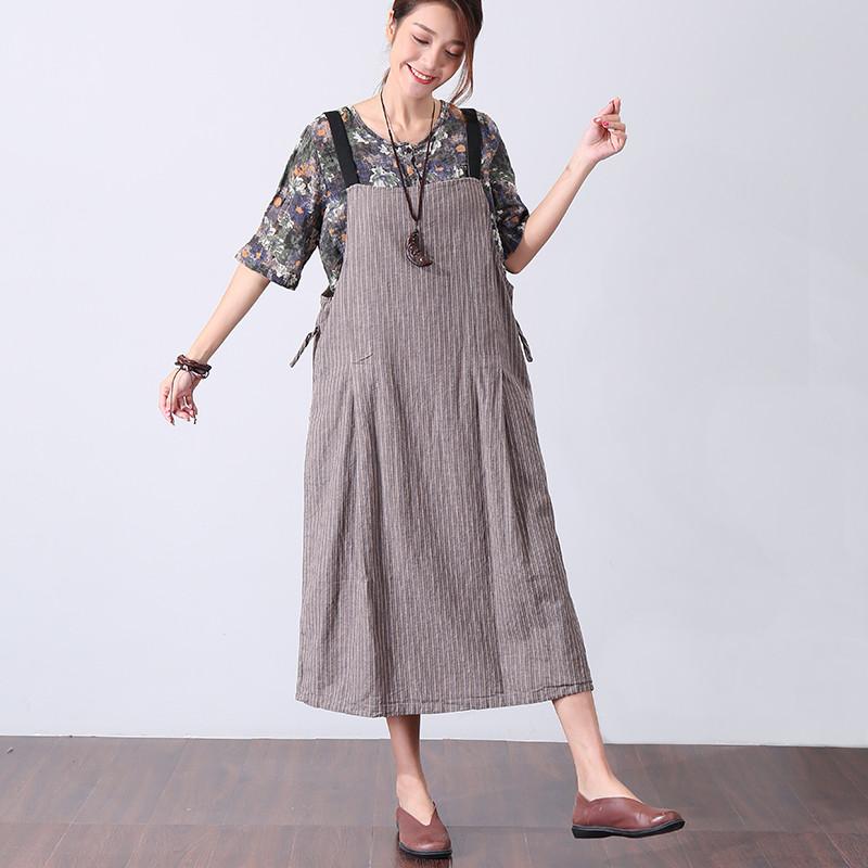 Casual Women Gray And Yellow Stripe Suspender Skirt