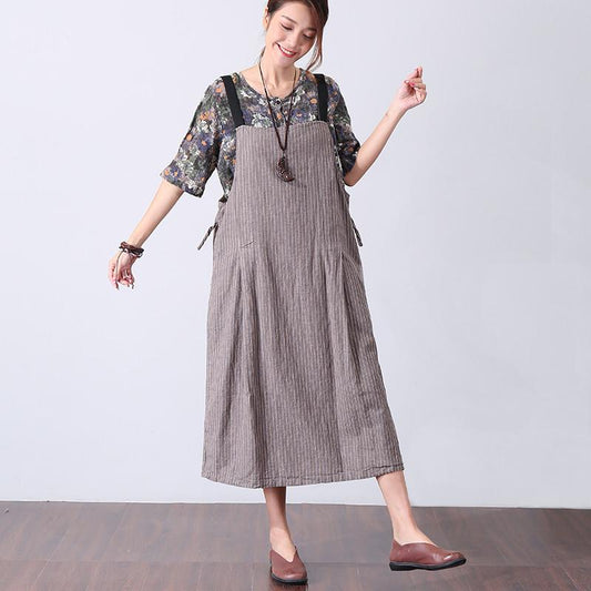 Casual Women Gray And Yellow Stripe Suspender Skirt