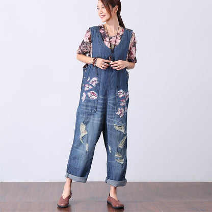 Chic Printing Holes Casual Women Denim Jumpsuit Pants