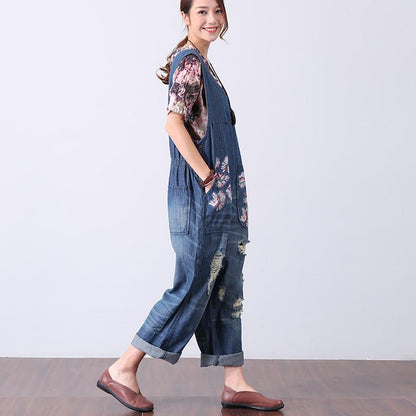 Chic Printing Holes Casual Women Denim Jumpsuit Pants