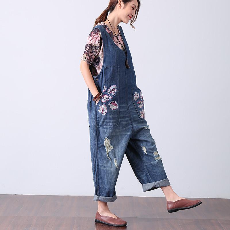 Chic Printing Holes Casual Women Denim Jumpsuit Pants