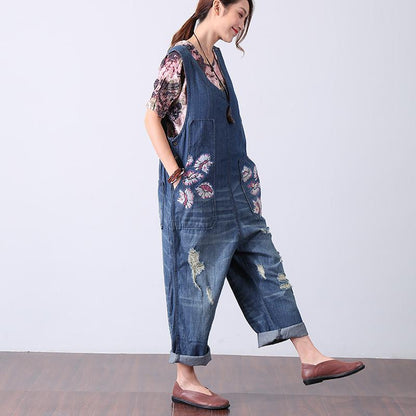 Chic Printing Holes Casual Women Denim Jumpsuit Pants