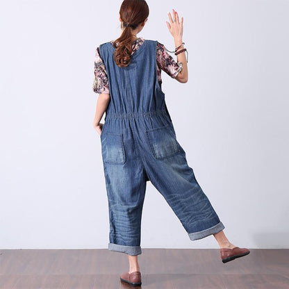 Chic Printing Holes Casual Women Denim Jumpsuit Pants