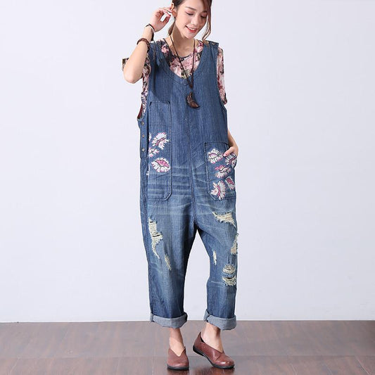 Chic Printing Holes Casual Women Denim Jumpsuit Pants