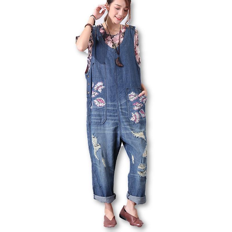 Chic Printing Holes Casual Women Denim Jumpsuit Pants