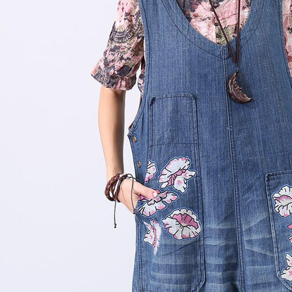 Chic Printing Holes Casual Women Denim Jumpsuit Pants
