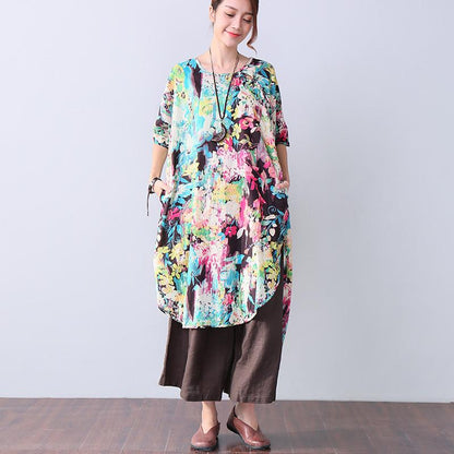 Irregular Vintage Button Printing Elbow Sleeves Women Green Dress