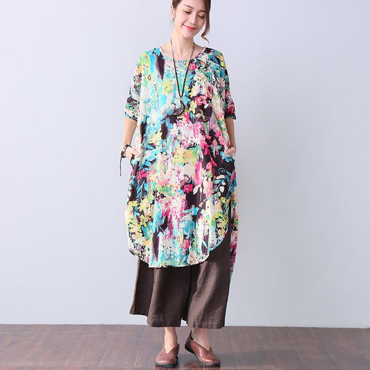 Irregular Vintage Button Printing Elbow Sleeves Women Green Dress