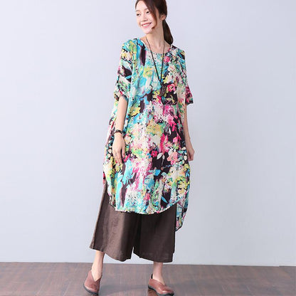 Irregular Vintage Button Printing Elbow Sleeves Women Green Dress