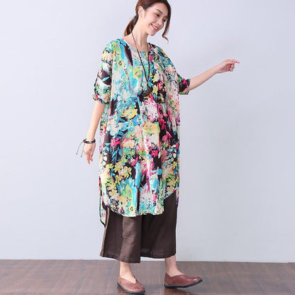 Irregular Vintage Button Printing Elbow Sleeves Women Green Dress