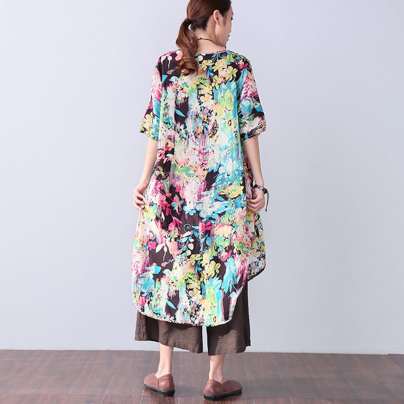 Irregular Vintage Button Printing Elbow Sleeves Women Green Dress