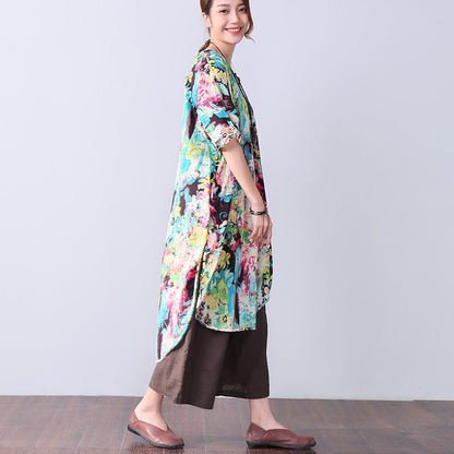 Irregular Vintage Button Printing Elbow Sleeves Women Green Dress