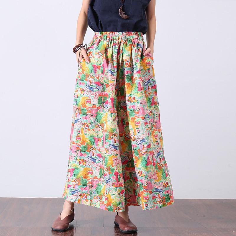 Loose Printing Cotton Linen Women Floral Pants