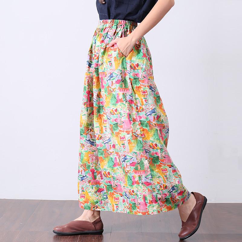 Loose Printing Cotton Linen Women Floral Pants