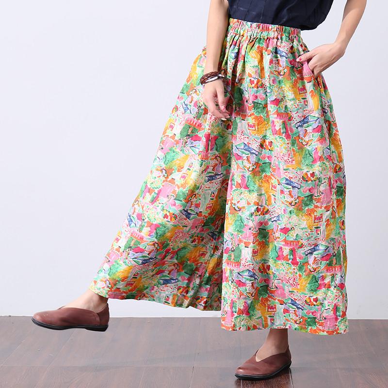 Loose Printing Cotton Linen Women Floral Pants