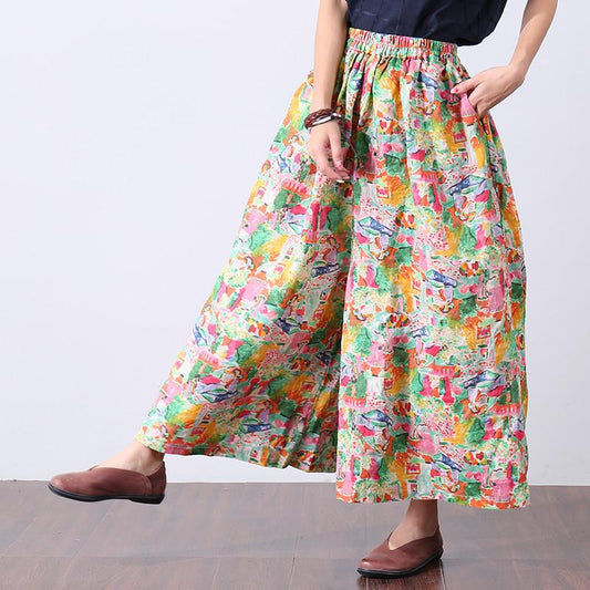 Loose Printing Cotton Linen Women Floral Pants
