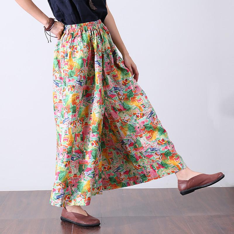 Loose Printing Cotton Linen Women Floral Pants