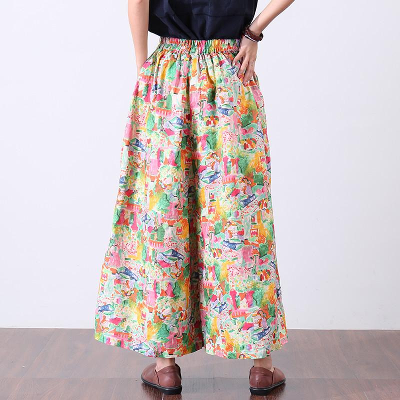 Loose Printing Cotton Linen Women Floral Pants