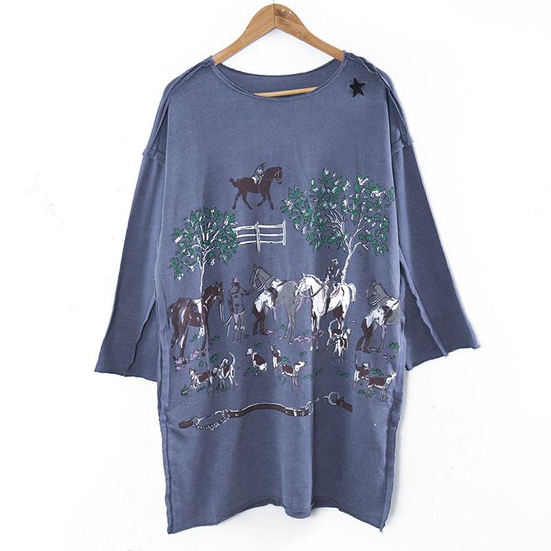 Horses Printing Round Neck Long Sleeve Loose Blue Women Dress