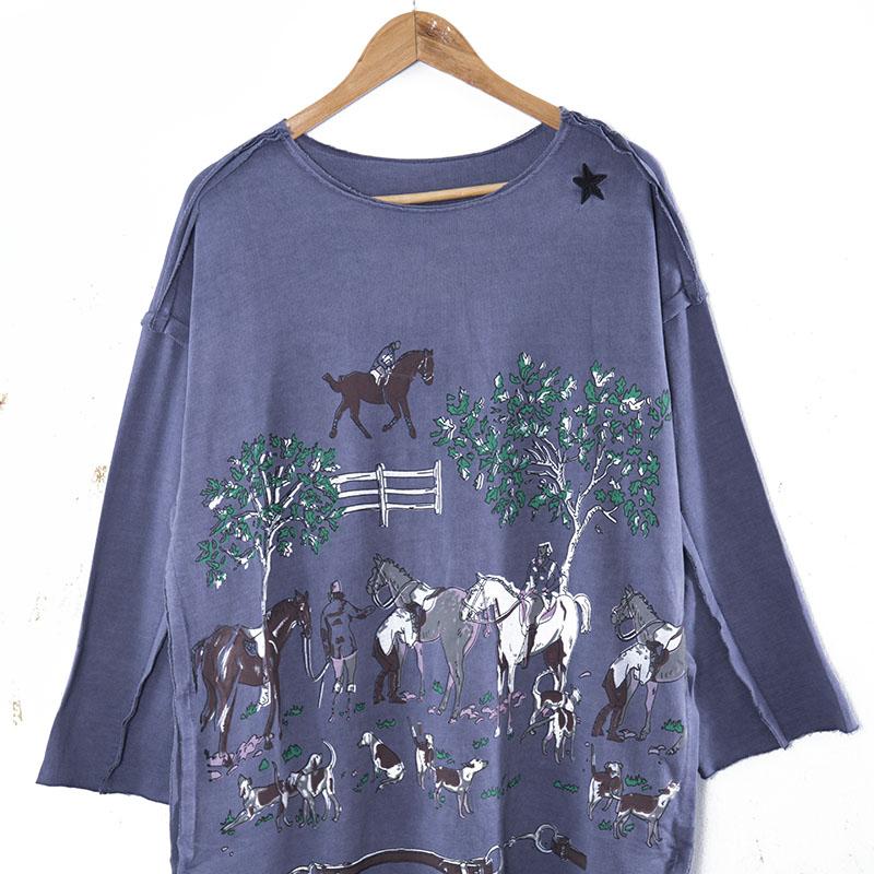 Horses Printing Round Neck Long Sleeve Loose Blue Women Dress