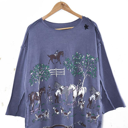 Horses Printing Round Neck Long Sleeve Loose Blue Women Dress