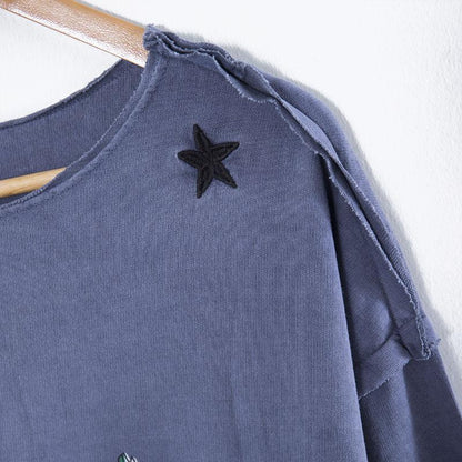 Horses Printing Round Neck Long Sleeve Loose Blue Women Dress