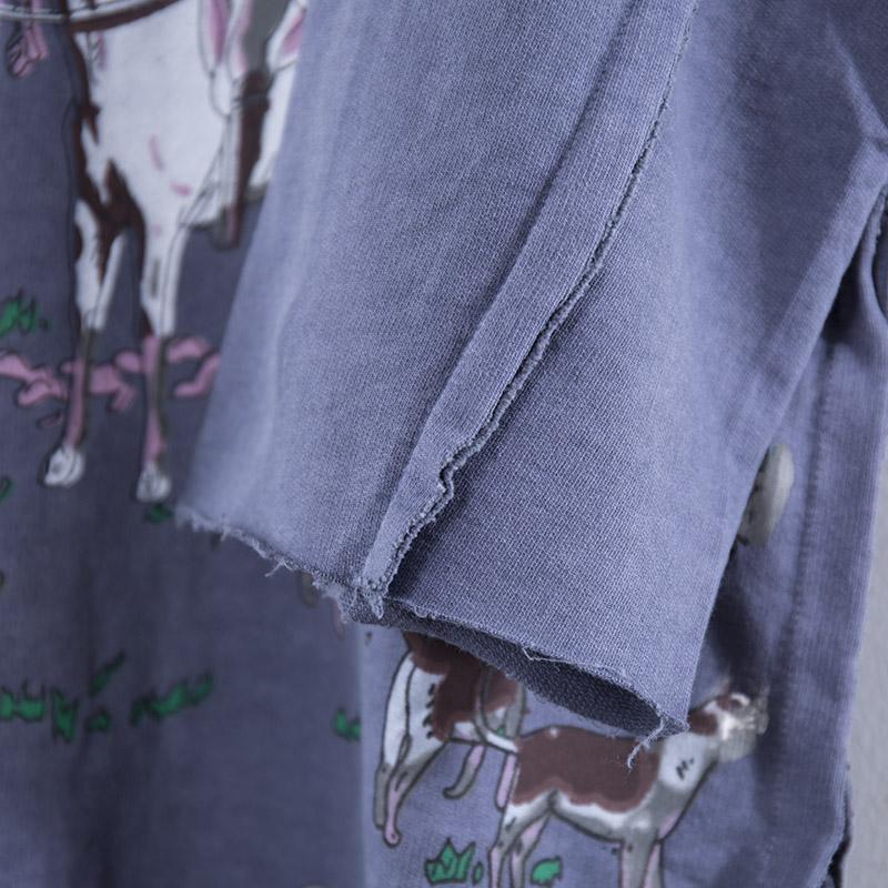 Horses Printing Round Neck Long Sleeve Loose Blue Women Dress