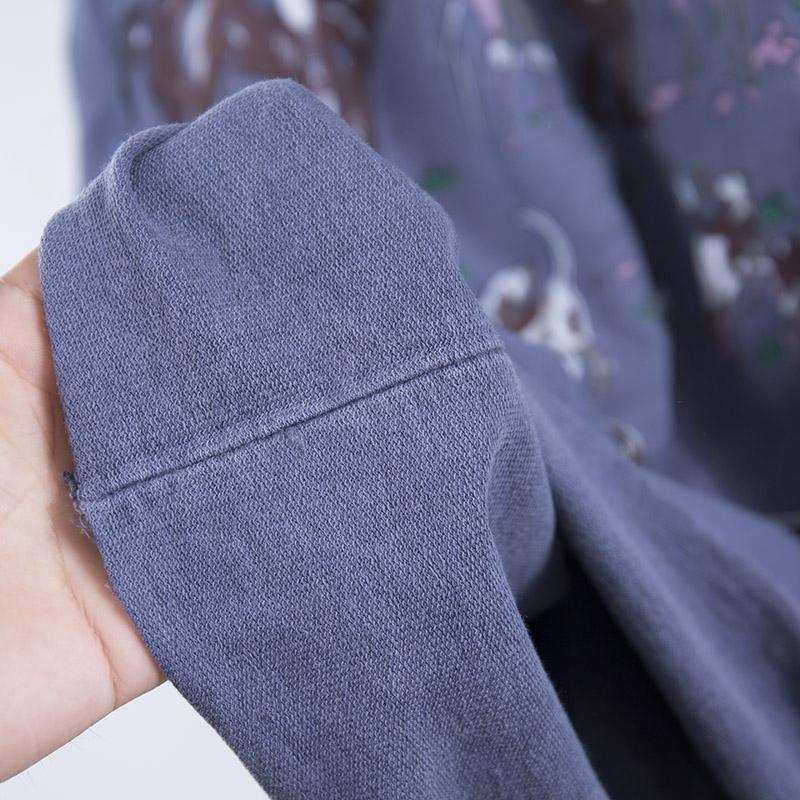 Horses Printing Round Neck Long Sleeve Loose Blue Women Dress