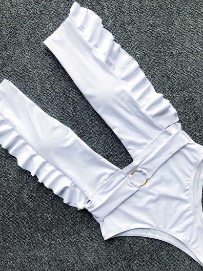 Deep-neck Ruffled Plain One-piece Swimsuit