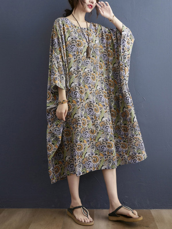 Loose National Floral Printed Round-Neck Batwing Sleeves Midi Dress