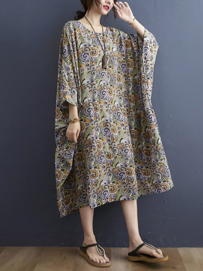 Loose National Floral Printed Round-Neck Batwing Sleeves Midi Dress