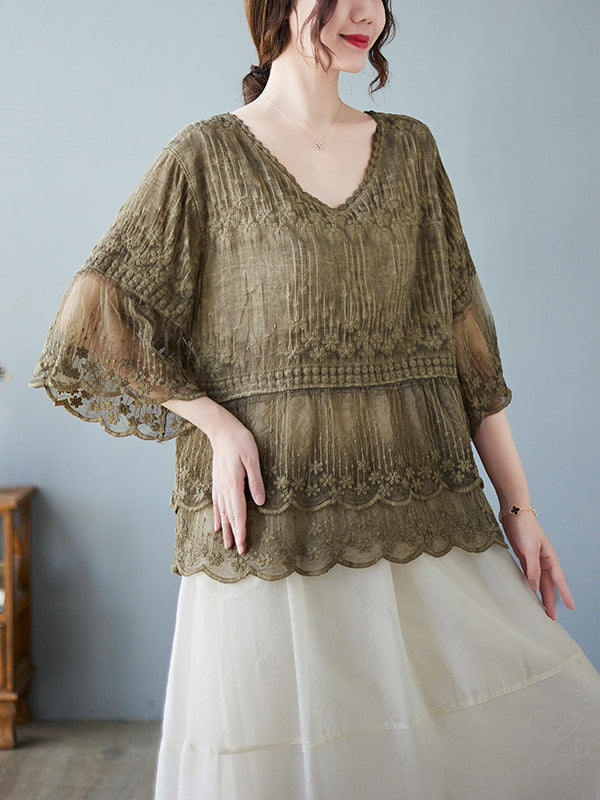 Original Loose Artistic Retro Lace Embroidered T-Shirt Top