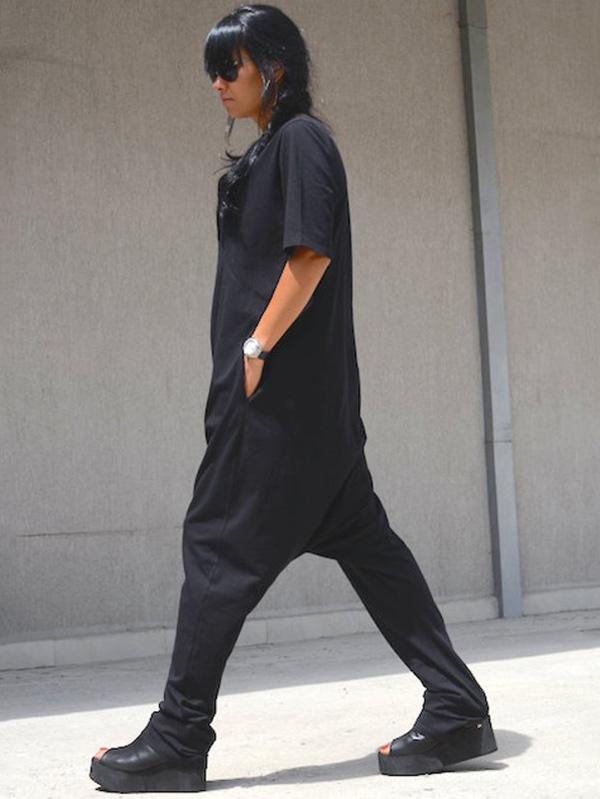 Simple Black Short Sleeves V-neck Jumpsuits