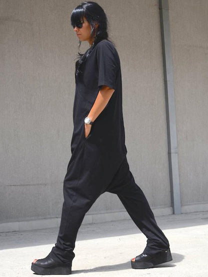Simple Black Short Sleeves V-neck Jumpsuits