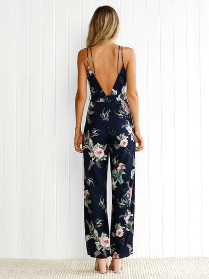 Floral Backless Split-side Wide Leg Jumpsuits Bottoms