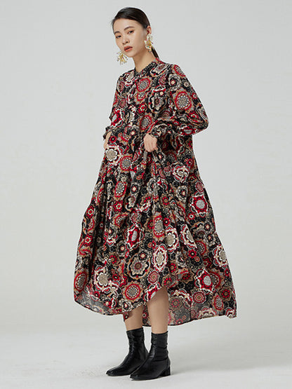 National Floral Printed Buttoned Pleated Stand Collar Long Sleeves Midi Dress