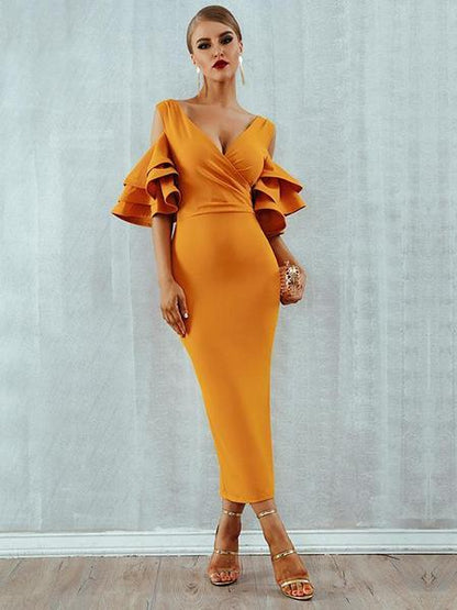 Simple 3 Colors V-neck Midi Dress