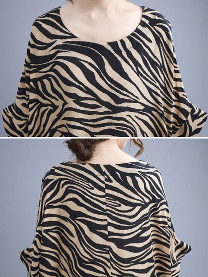 Original Zebra-Stripe Round-Neck Batwing Sleeve Midi Dress