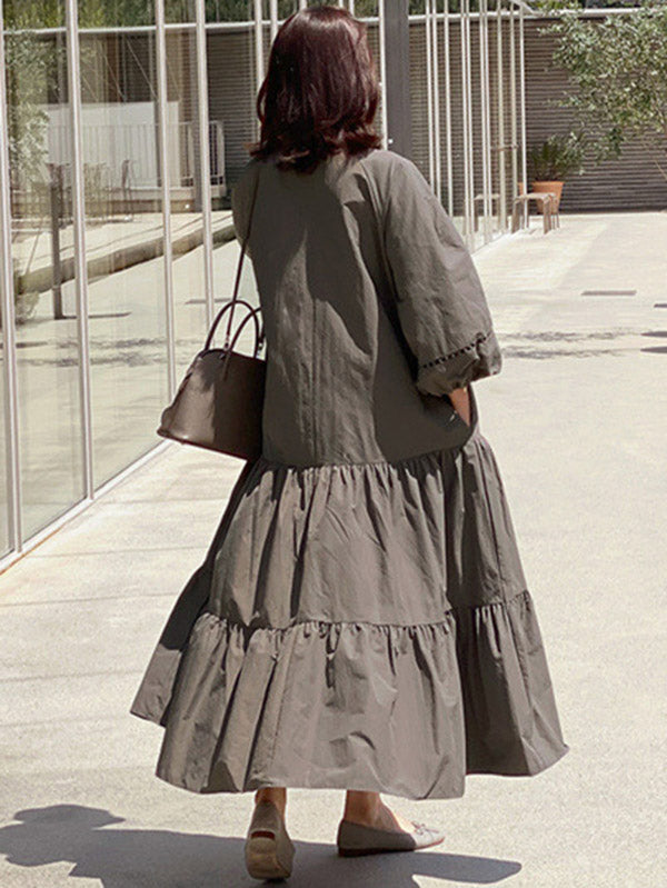 Casual Solid Color Pleated Buttoned Stand Collar Hollow Puff Sleeves Midi Dress