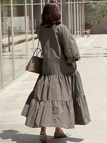 Casual Solid Color Pleated Buttoned Stand Collar Hollow Puff Sleeves Midi Dress