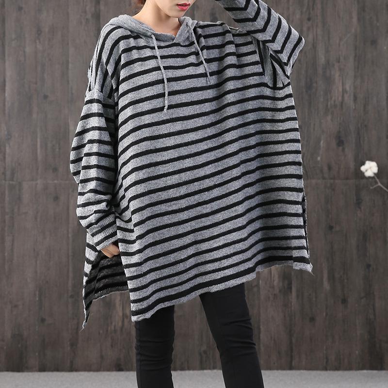 Buykud Split Hem Horizontal Stripes Knitted Hoodie