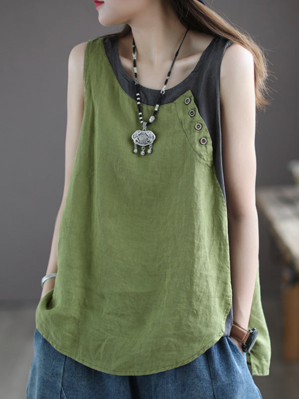 Leisure Split-Joint Linen Contrast Color Round-Neck Vest
