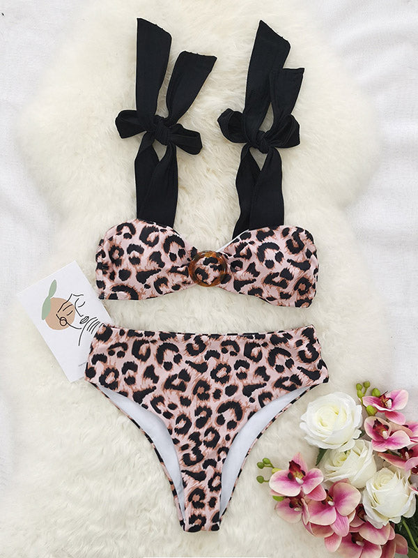 Leopard Printed High-Waisted Bowknot Bikini Swimwear