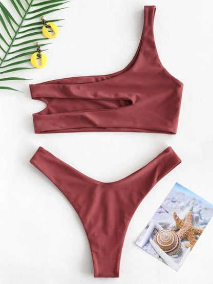 One Shoulder Plain Hollow Bikini Set