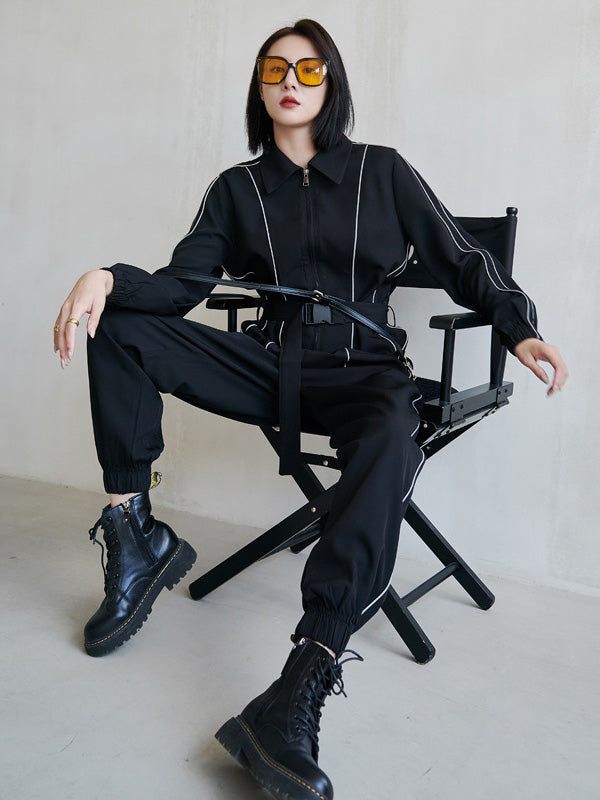 Cool Street Loose High-Waist Zipper Reflective Stripe Lapel Collar Long Sleeves Wide Leg Jumpsuits