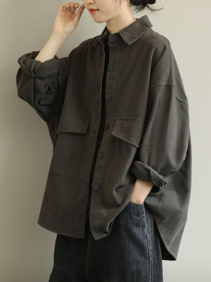Simple Buttoned Solid Color Lapel Batwing Sleeve Outerwear