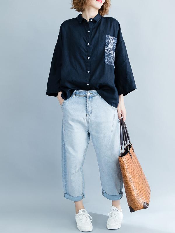 Loose Floral Printed Lapel Long Sleeves BLouses