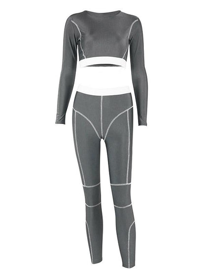 Line Printed Long Sleeves Tee and Fitness Legging Suits