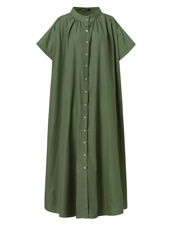 Urban Solid Color Split-Joint Pleated Short Sleeves Stand Collar Maxi Dress
